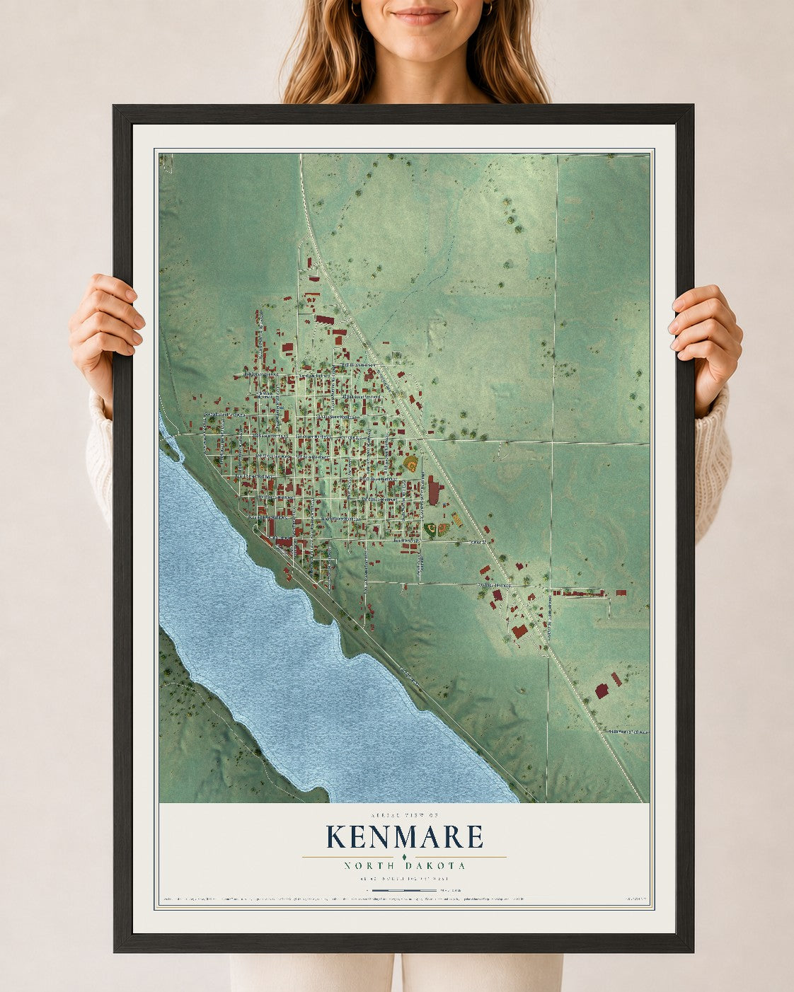 Map of Kenmare, North Dakota, 24 x 36 inch print in a black wood frame