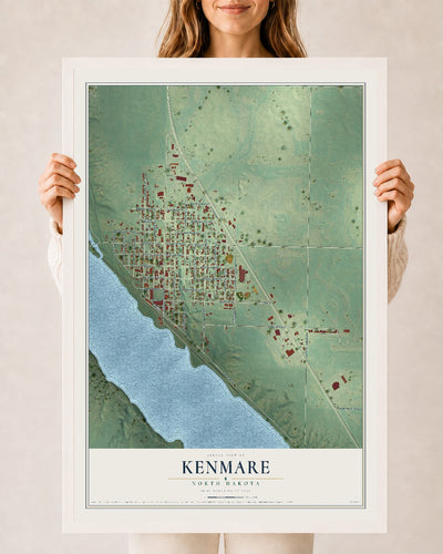 Map of Kenmare, North Dakota, 24 x 36 inch print in a white wood frame