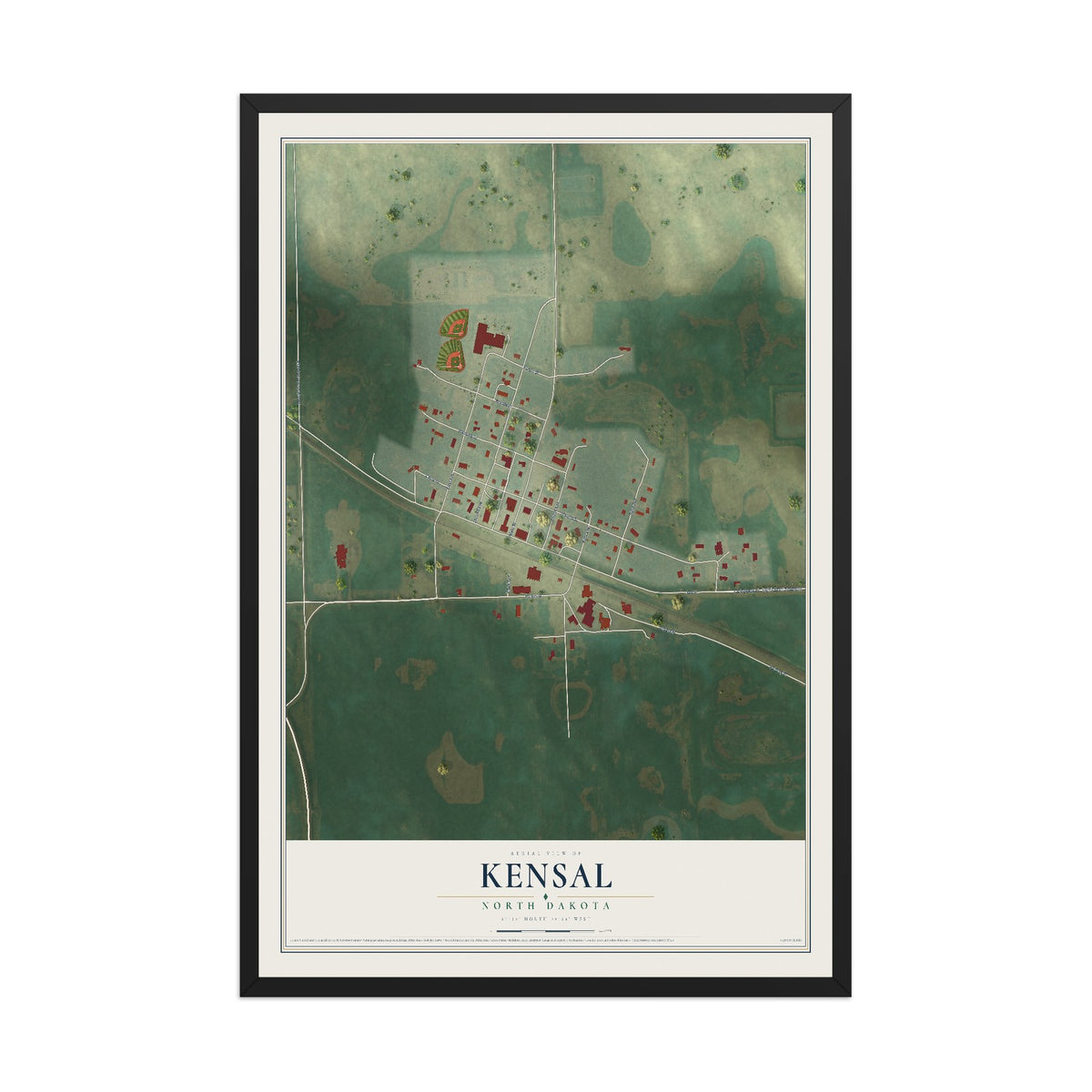 Map of Kensal, North Dakota, 12 x 18 inch print in a black wood frame