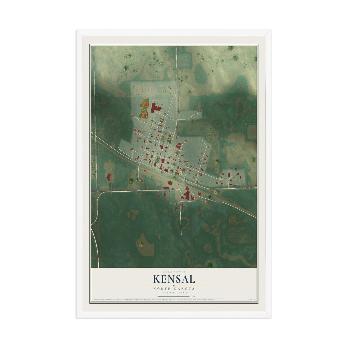 Map of Kensal, North Dakota, 12 x 18 inch print in a white wood frame