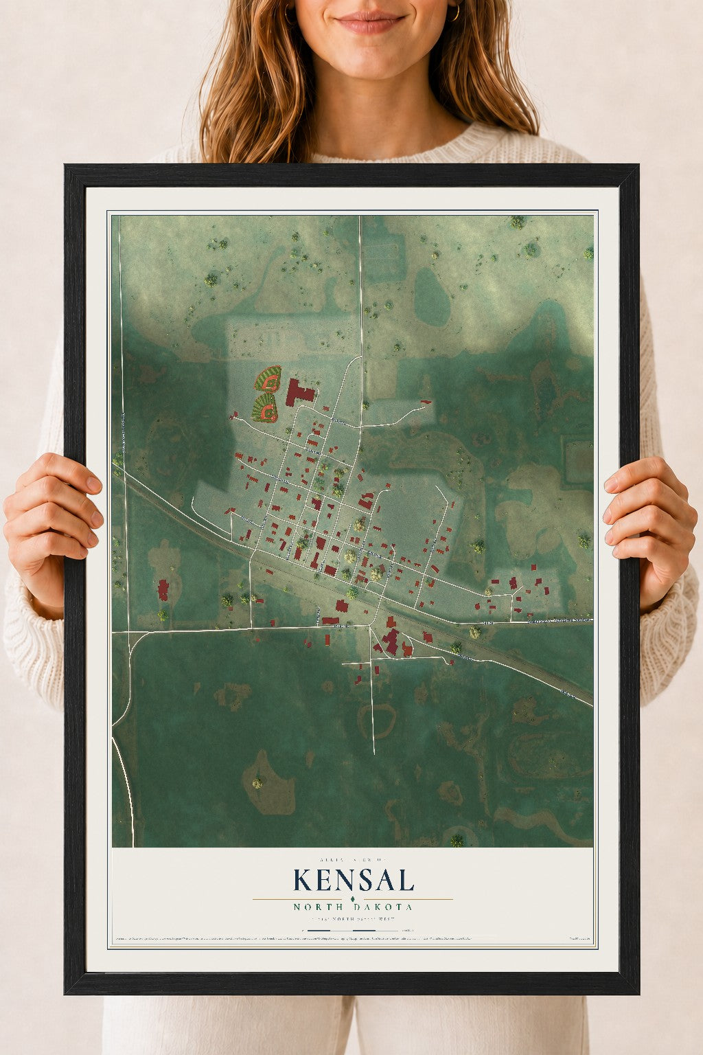 Map of Kensal, North Dakota, 18 x 24 inch print in a black wood frame