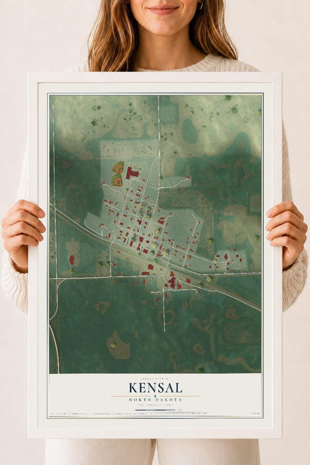 Map of Kensal, North Dakota, 18 x 24 inch print in a white wood frame