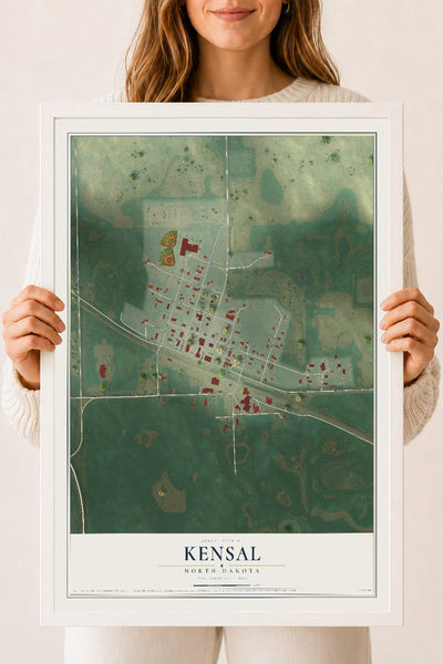 Map of Kensal, North Dakota, 18 x 24 inch print in a white wood frame