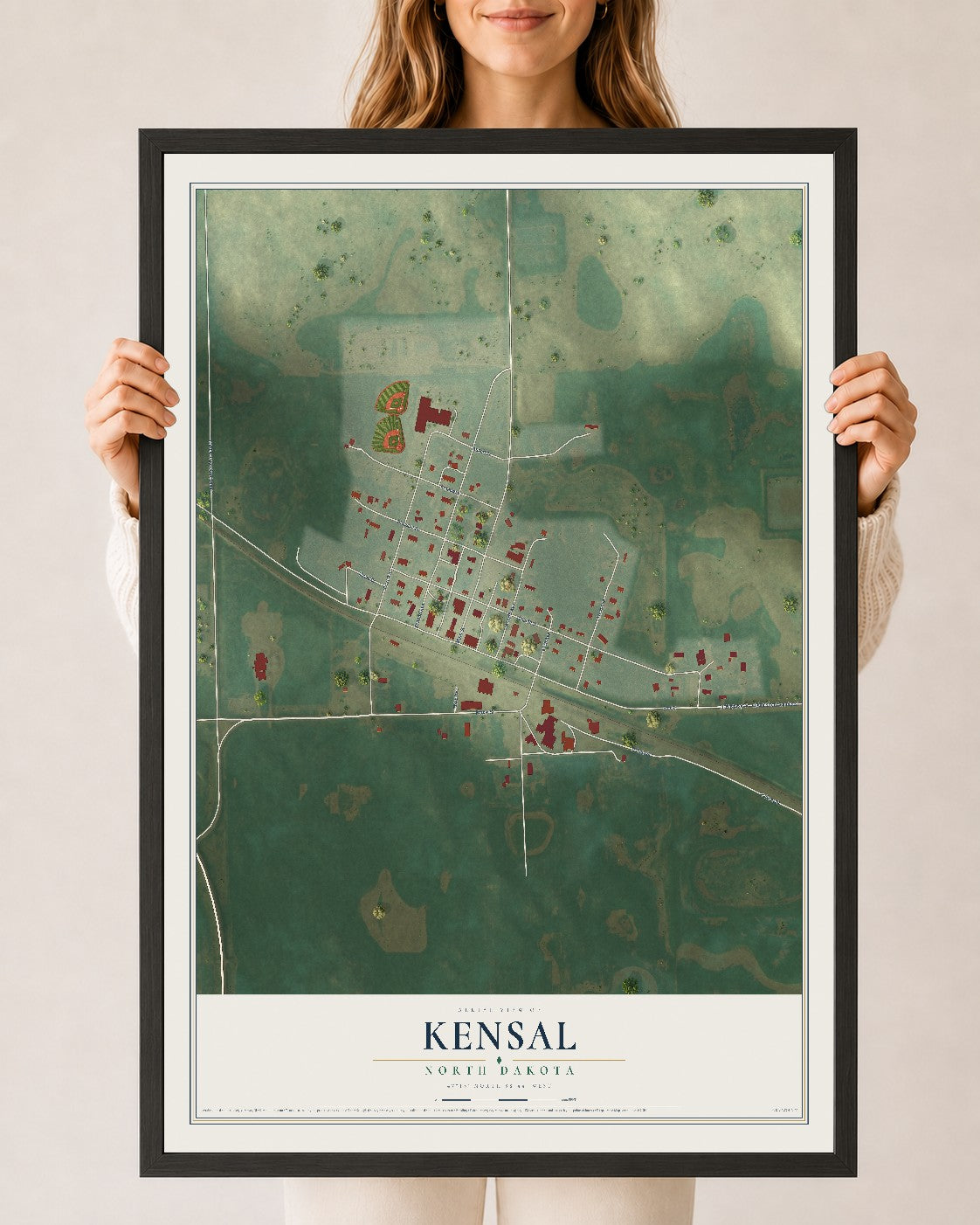 Map of Kensal, North Dakota, 24 x 36 inch print in a black wood frame