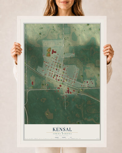 Map of Kensal, North Dakota, 24 x 36 inch print in a white wood frame
