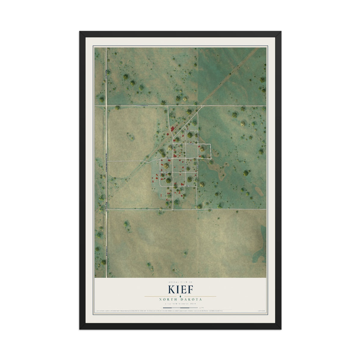 Map of Kief, North Dakota, 12 x 18 inch print in a black wood frame