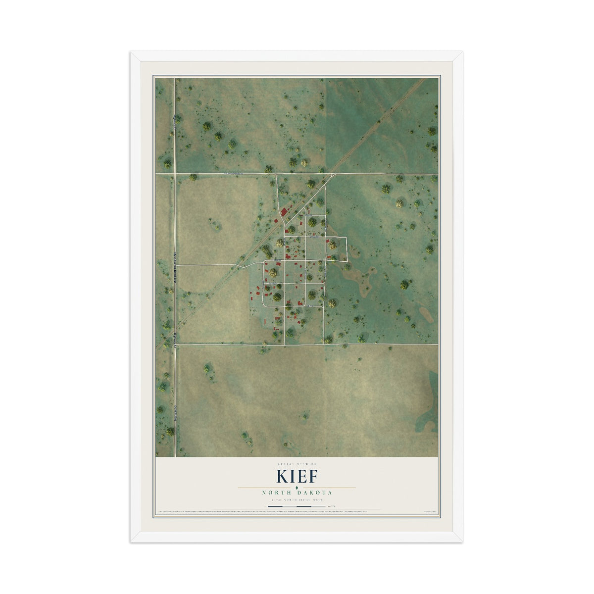 Map of Kief, North Dakota, 12 x 18 inch print in a white wood frame