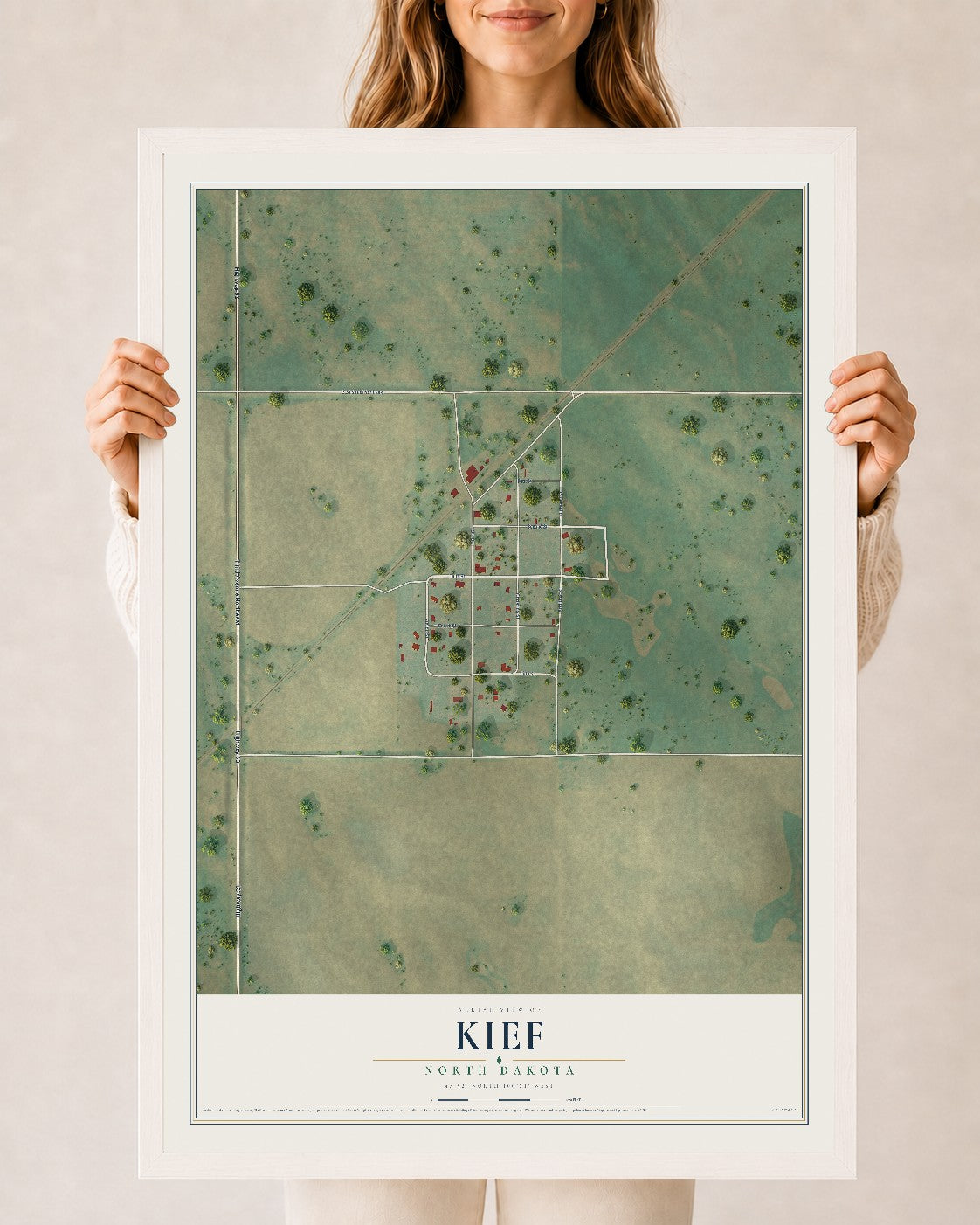 Map of Kief, North Dakota, 24 x 36 inch print in a white wood frame