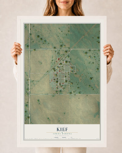 Map of Kief, North Dakota, 24 x 36 inch print in a white wood frame
