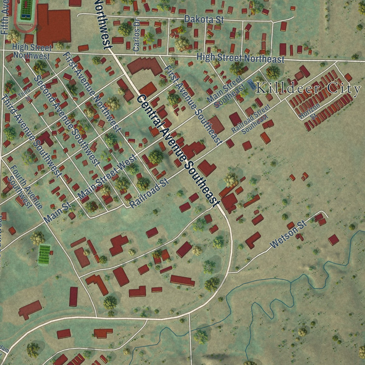 Close-up of the map of Killdeer, North Dakota print showing street and building detail