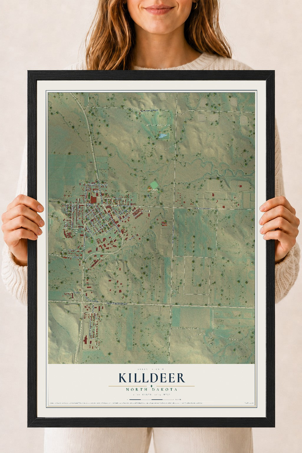 Map of Killdeer, North Dakota, 18 x 24 inch print in a black wood frame