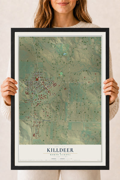 Map of Killdeer, North Dakota, 18 x 24 inch print in a black wood frame