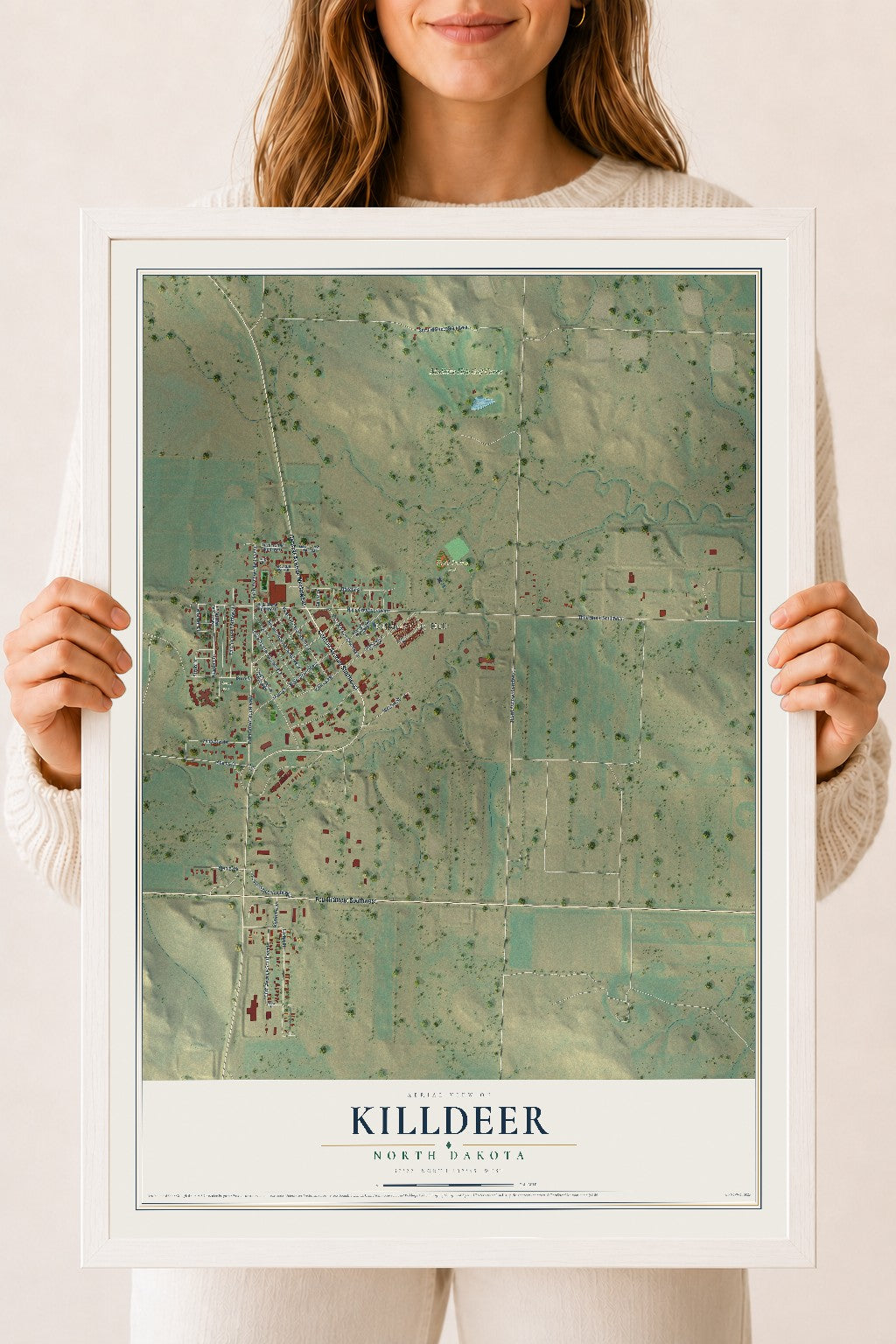 Map of Killdeer, North Dakota, 18 x 24 inch print in a white wood frame
