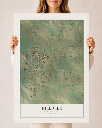 Map of Killdeer, North Dakota, 24 x 36 inch print in a white wood frame