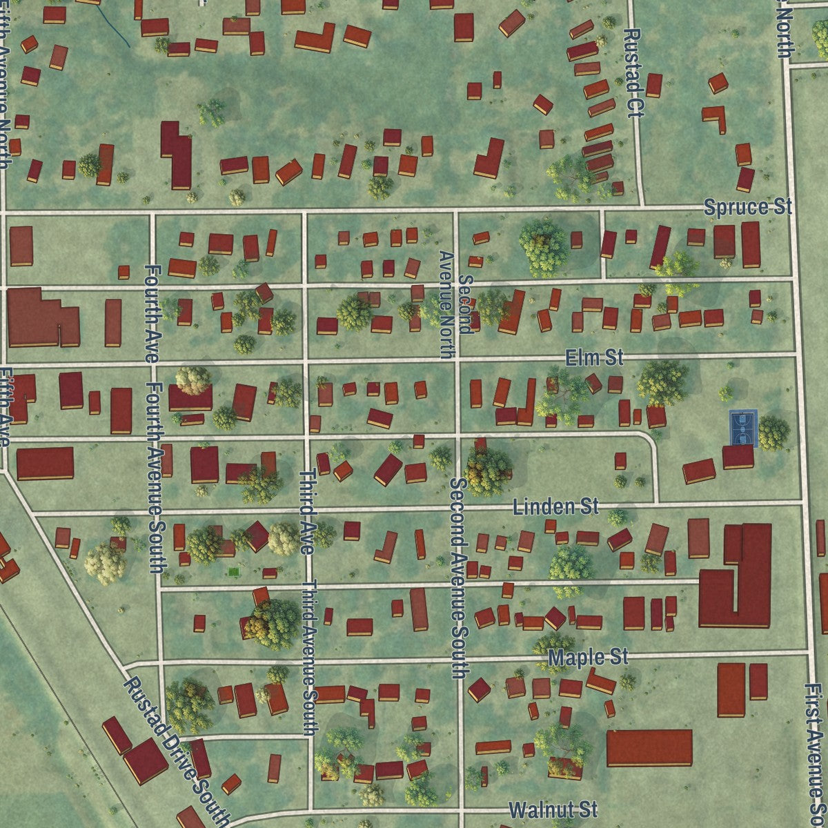 Close-up of the map of Kindred, North Dakota print showing street and building detail