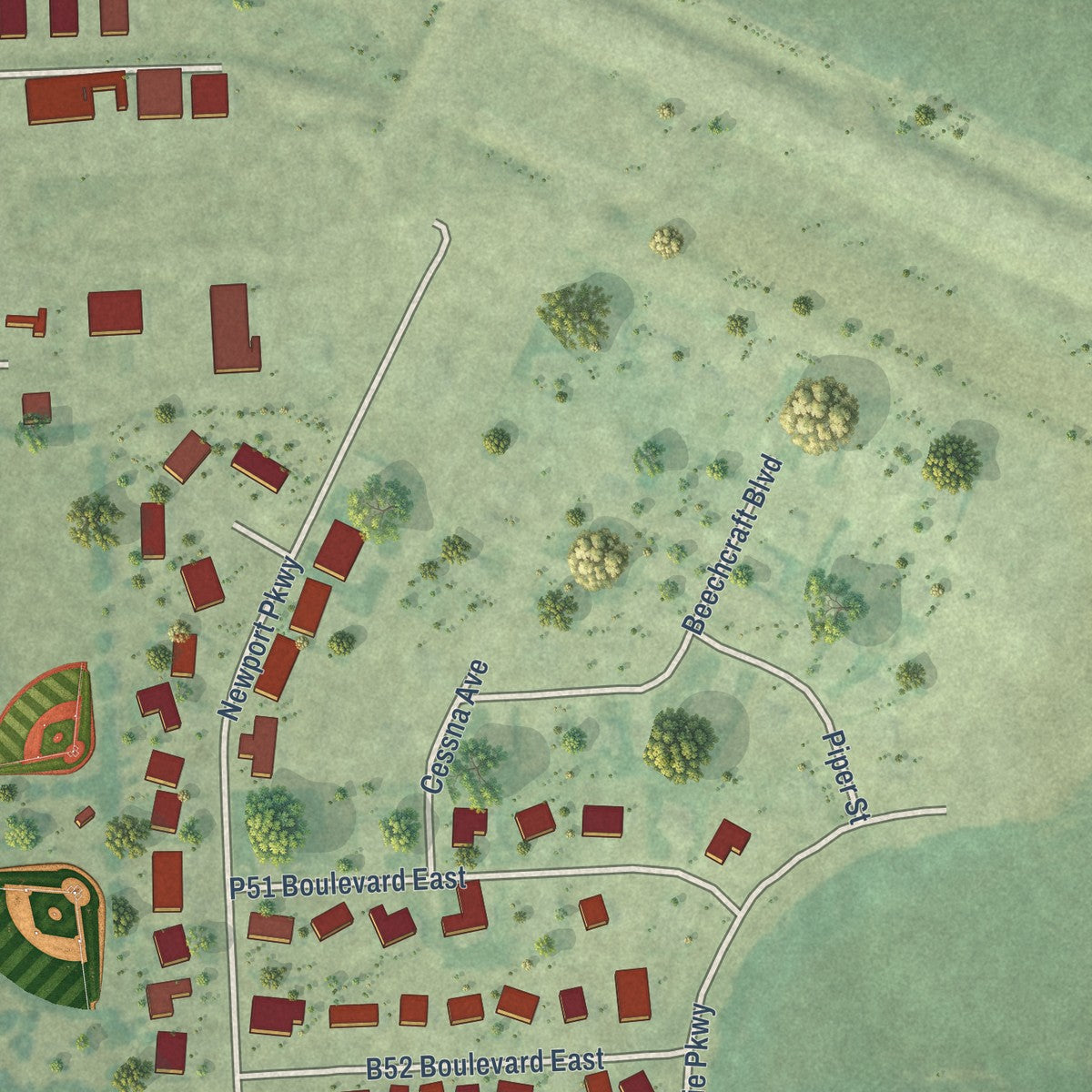 Second close-up of the map of Kindred, North Dakota print showing more streets and buildings