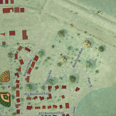 Second close-up of the map of Kindred, North Dakota print showing more streets and buildings