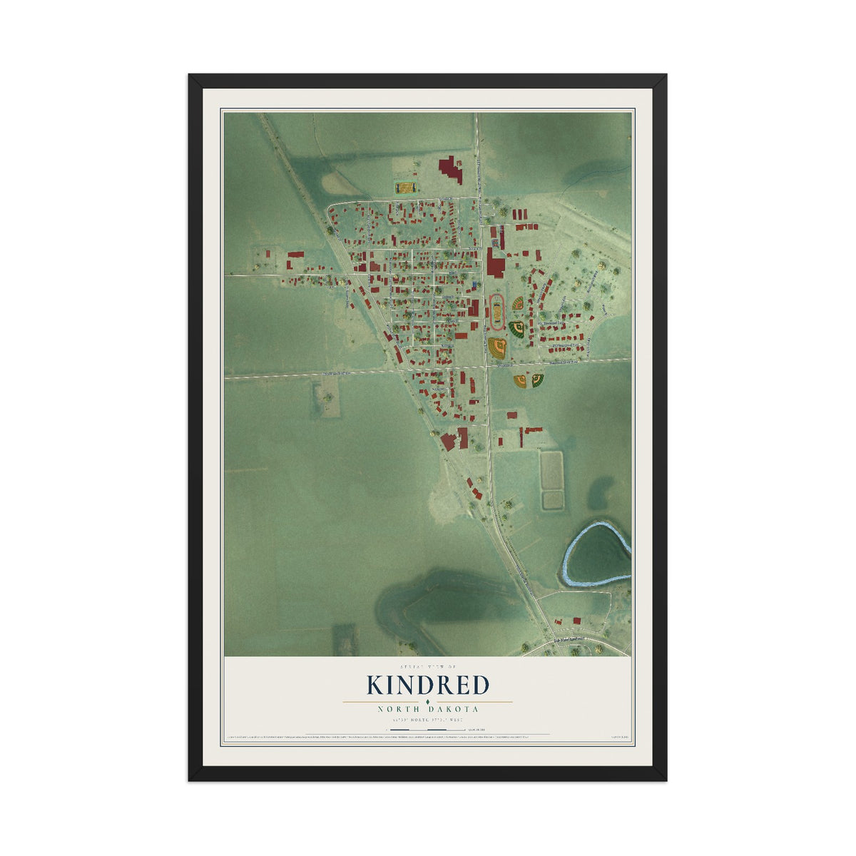 Map of Kindred, North Dakota, 12 x 18 inch print in a black wood frame
