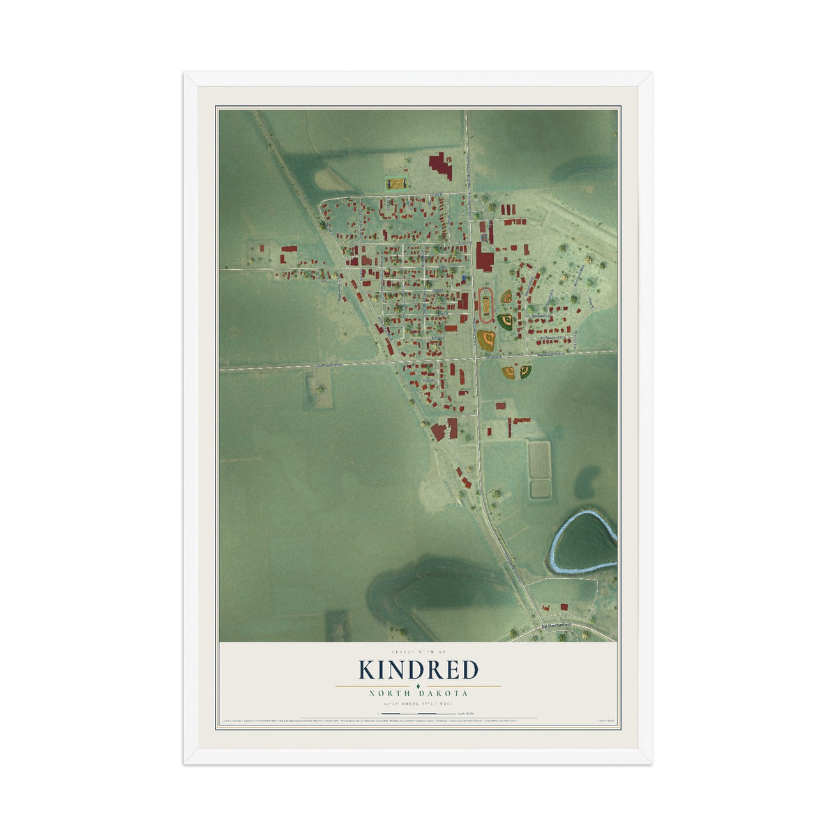 Map of Kindred, North Dakota, 12 x 18 inch print in a white wood frame