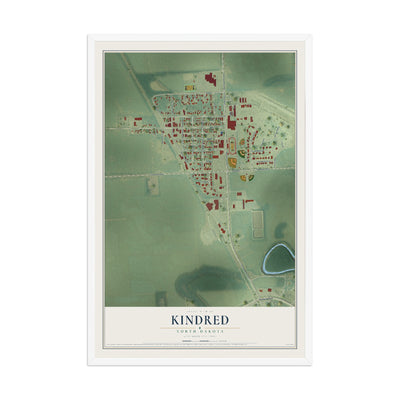 Map of Kindred, North Dakota, 12 x 18 inch print in a white wood frame