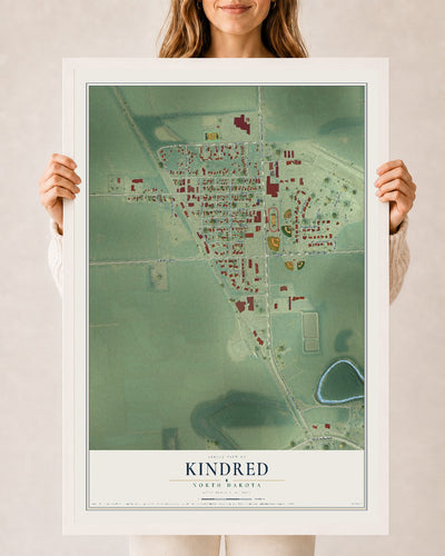 Map of Kindred, North Dakota, 24 x 36 inch print in a white wood frame