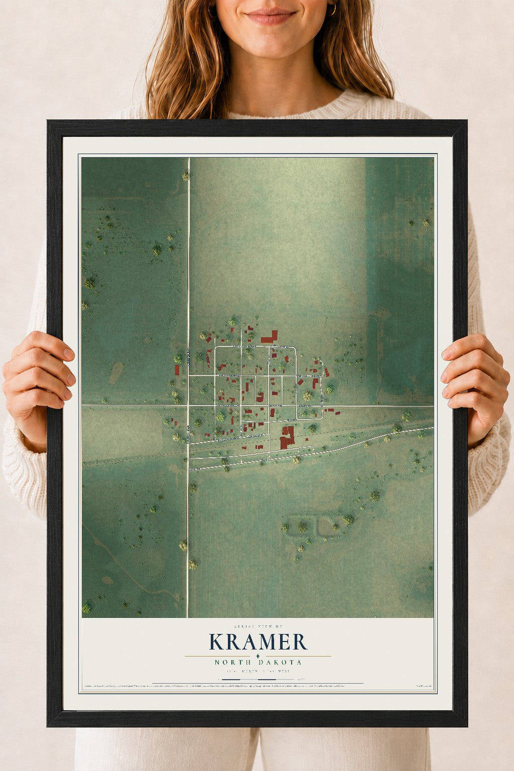 Map of Kramer, North Dakota, 18 x 24 inch print in a black wood frame