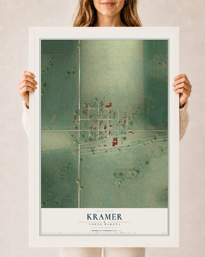 Map of Kramer, North Dakota, 24 x 36 inch print in a white wood frame