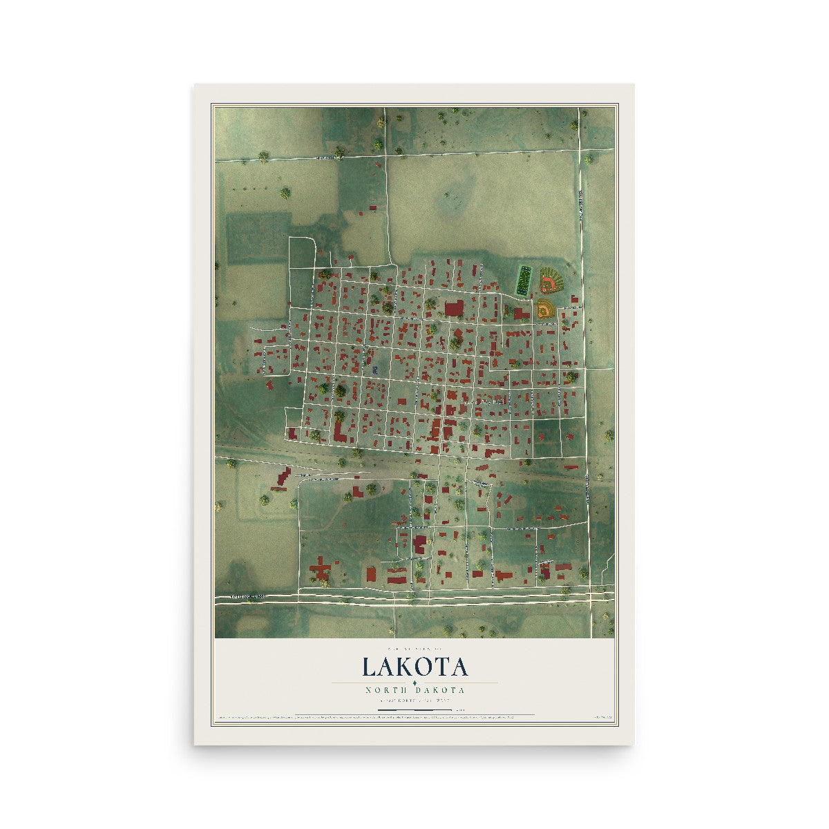 Map of Lakota, North Dakota, 12 x 18 inch unframed archival matte print