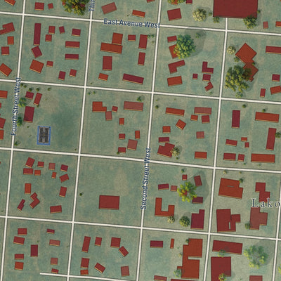 Close-up of the map of Lakota, North Dakota print showing street and building detail