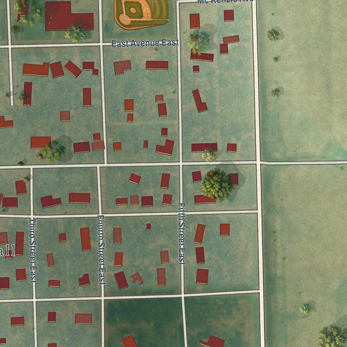 Second close-up of the map of Lakota, North Dakota print showing more streets and buildings