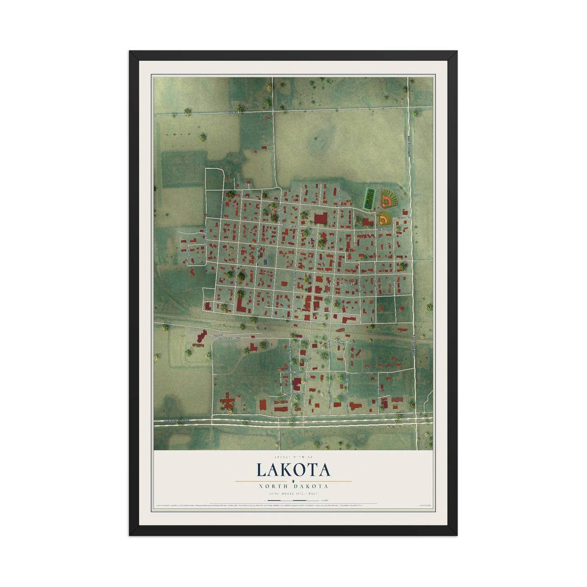 Map of Lakota, North Dakota, 12 x 18 inch print in a black wood frame