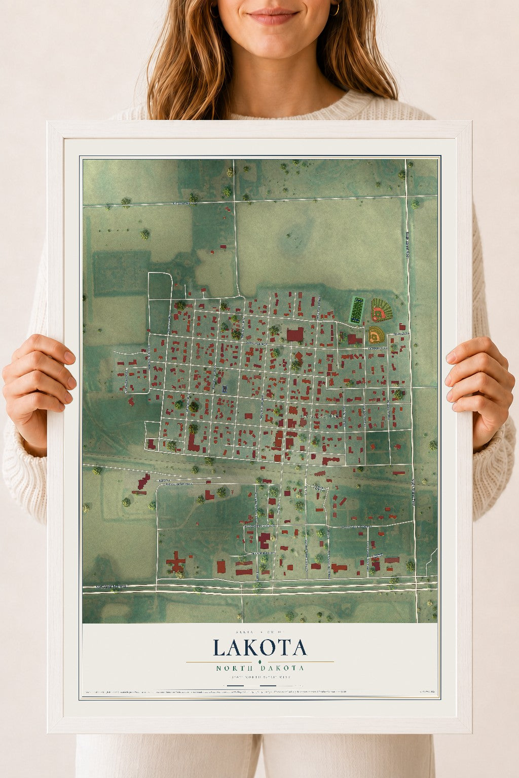 Map of Lakota, North Dakota, 18 x 24 inch print in a white wood frame