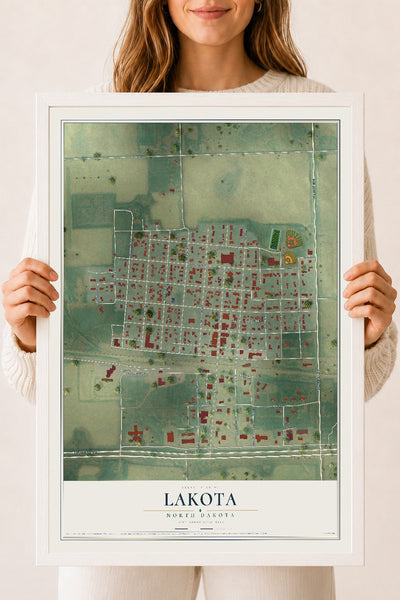 Map of Lakota, North Dakota, 18 x 24 inch print in a white wood frame