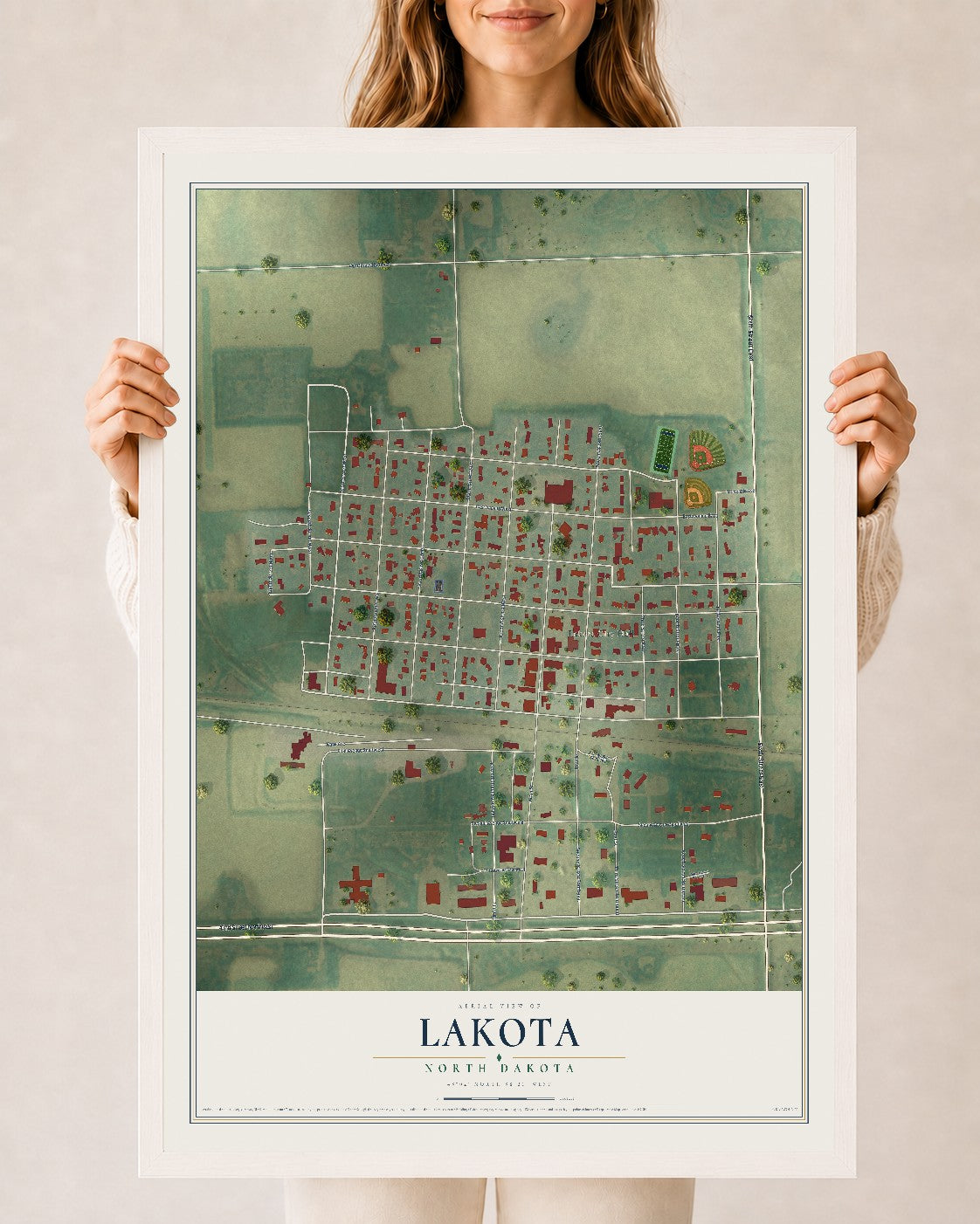 Map of Lakota, North Dakota, 24 x 36 inch print in a white wood frame