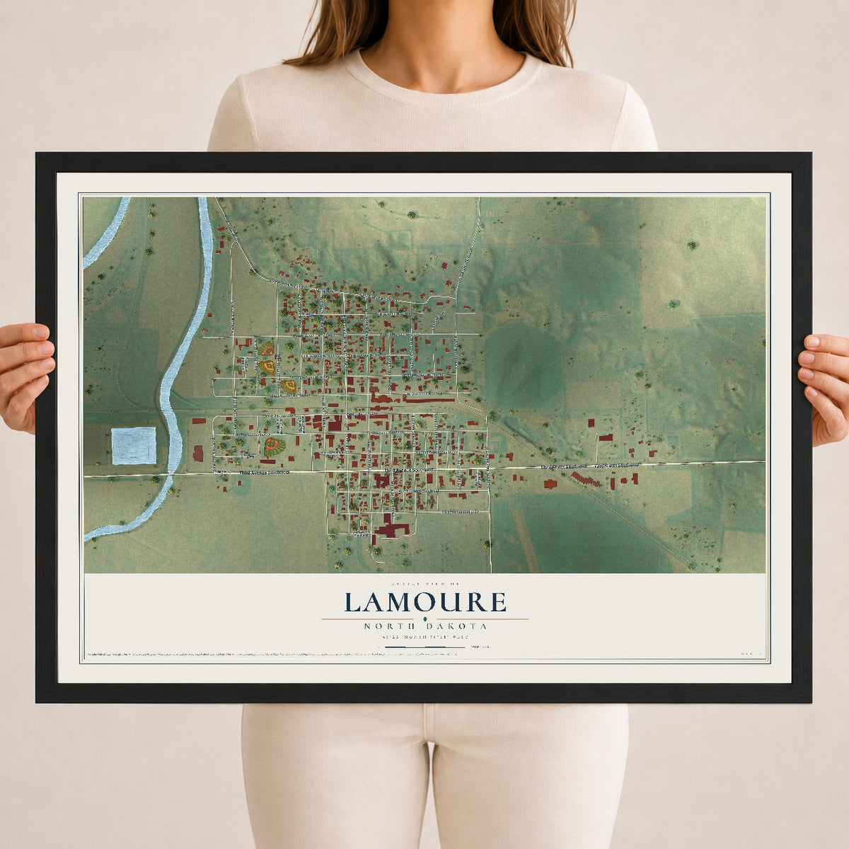 Map of LaMoure, North Dakota, 18 x 24 inch print in a black wood frame