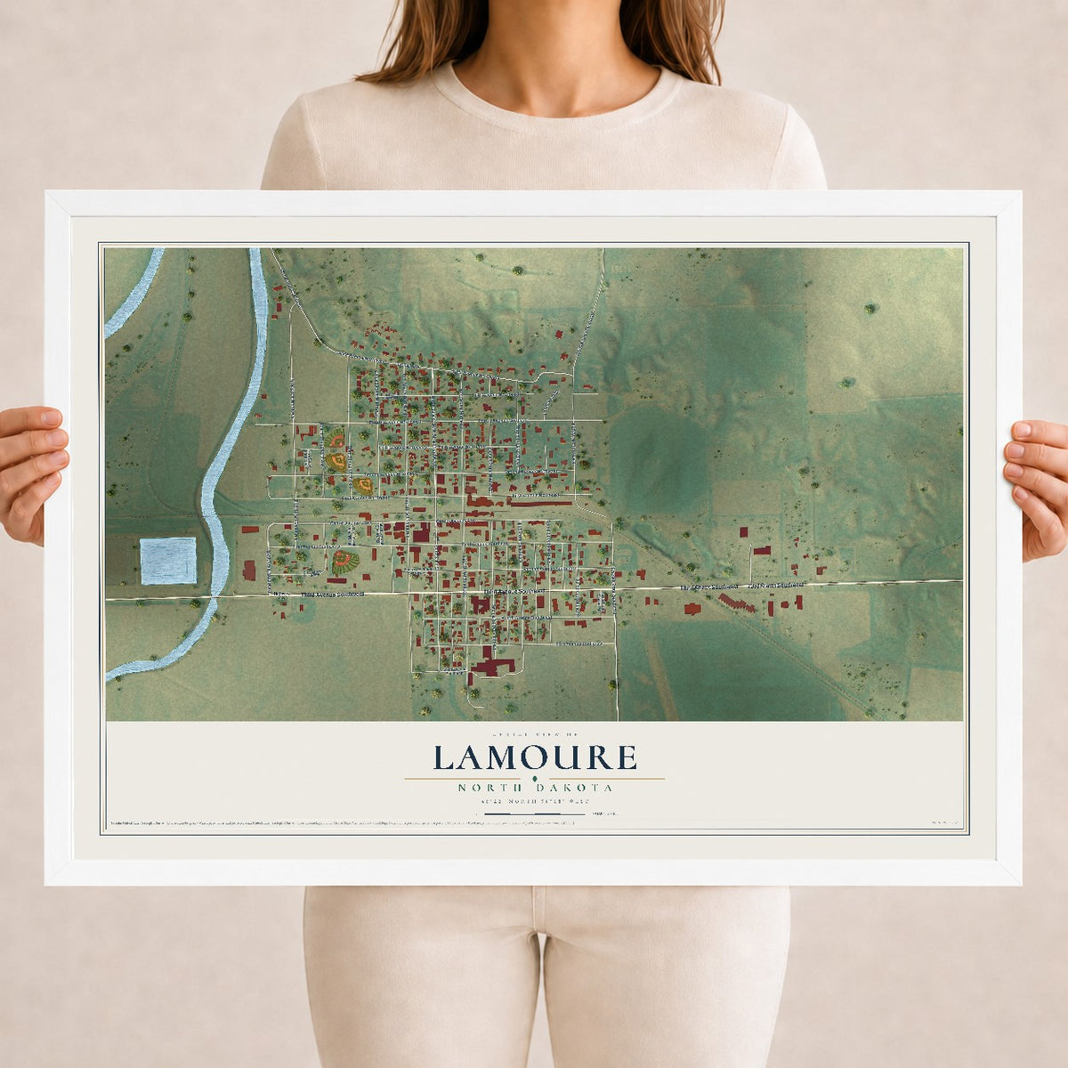 Map of LaMoure, North Dakota, 18 x 24 inch print in a white wood frame