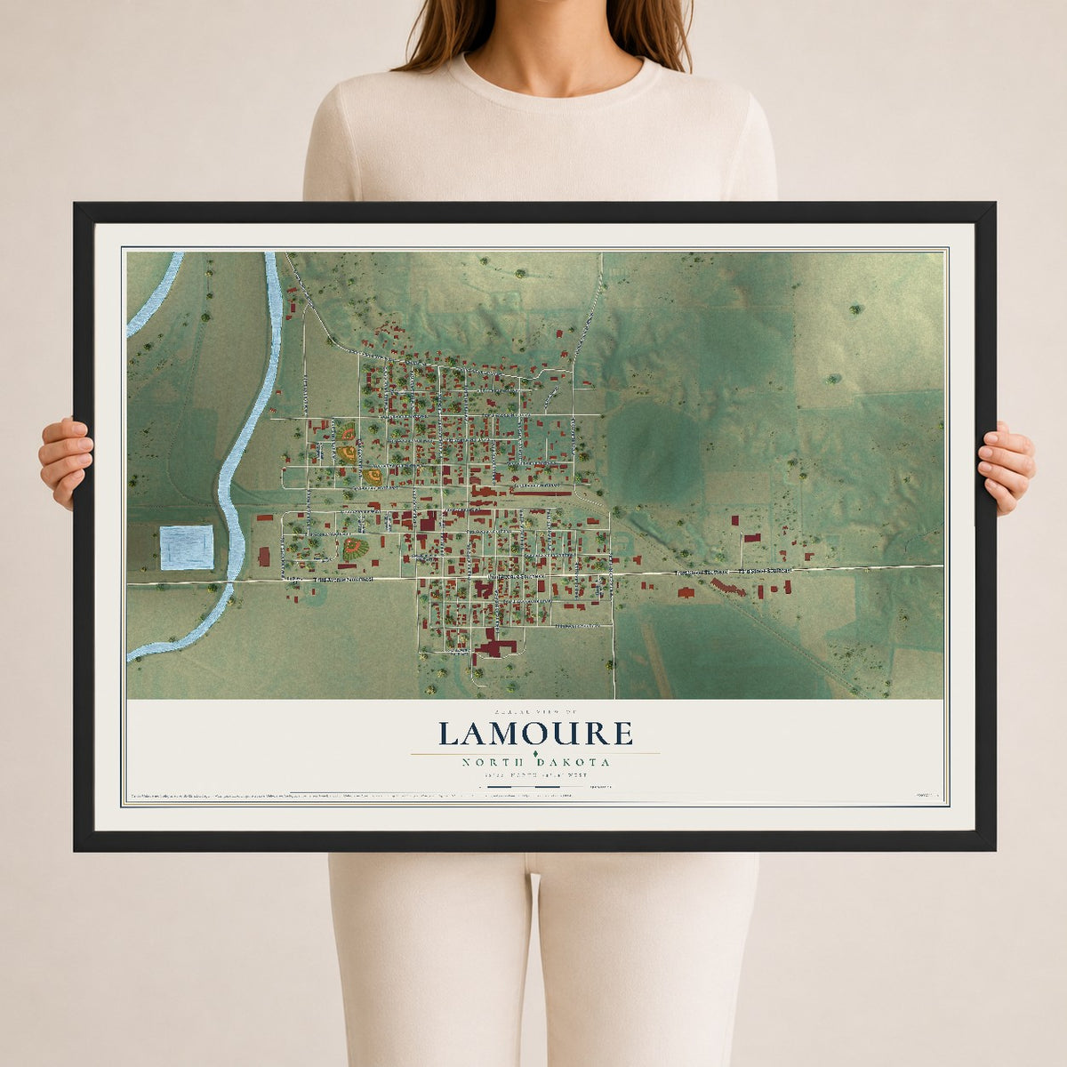 Map of LaMoure, North Dakota, 24 x 36 inch print in a black wood frame