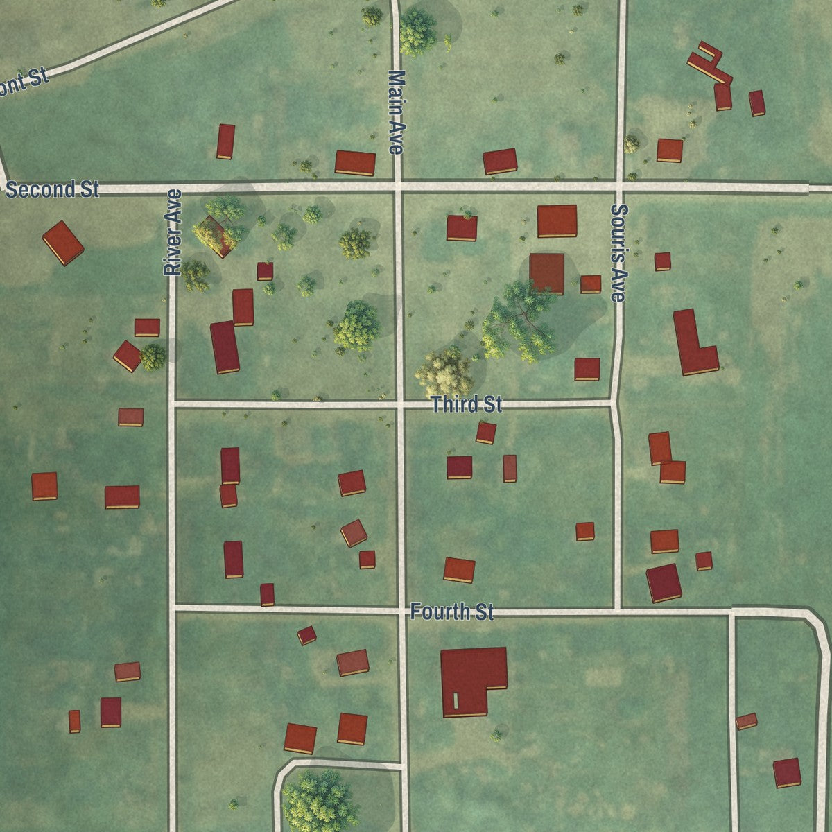Close-up of the map of Landa, North Dakota print showing street and building detail