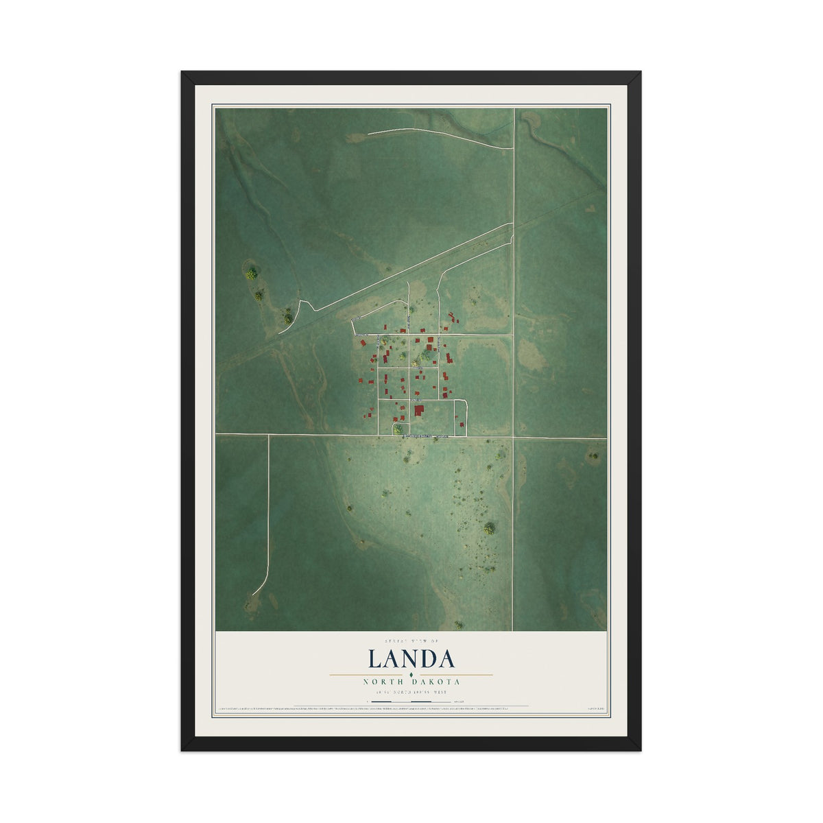Map of Landa, North Dakota, 12 x 18 inch print in a black wood frame