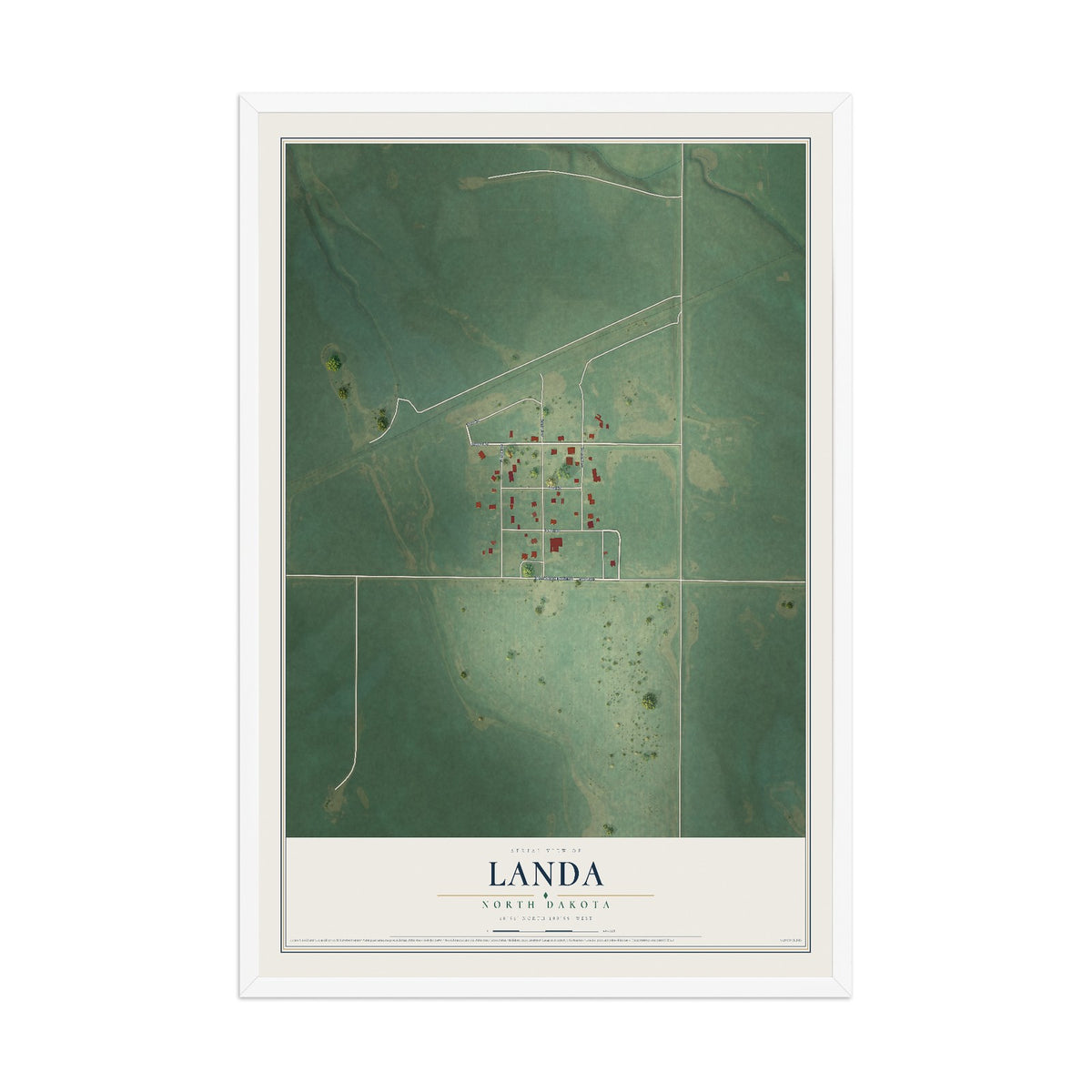 Map of Landa, North Dakota, 12 x 18 inch print in a white wood frame