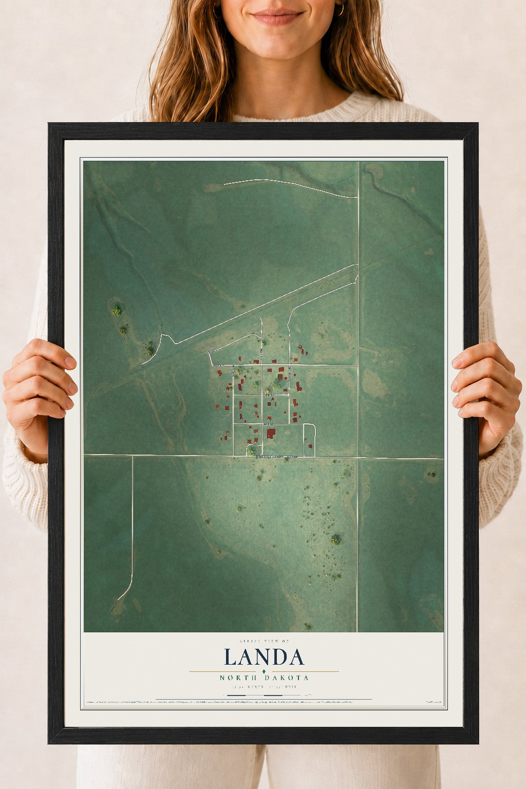 Map of Landa, North Dakota, 18 x 24 inch print in a black wood frame