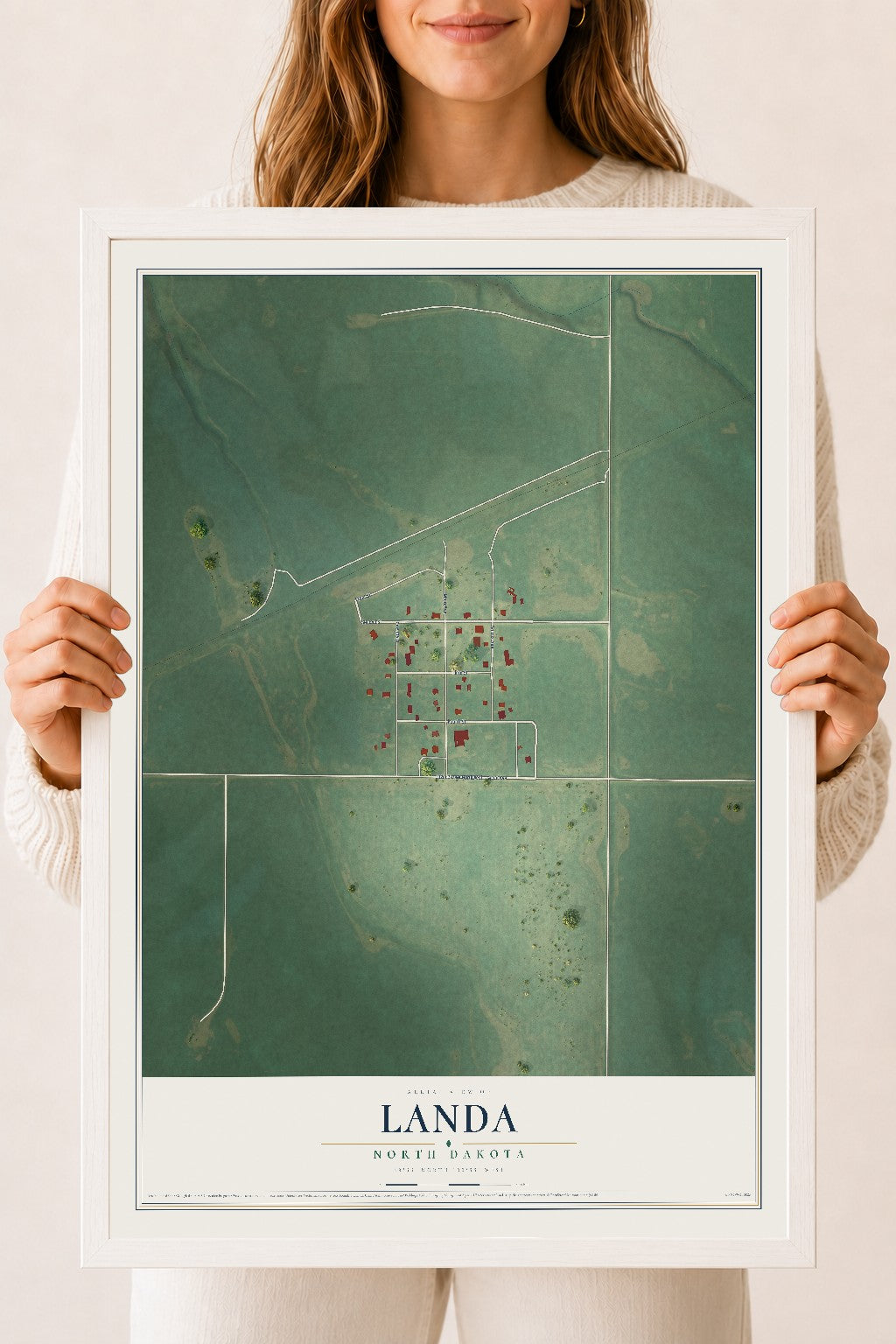 Map of Landa, North Dakota, 18 x 24 inch print in a white wood frame