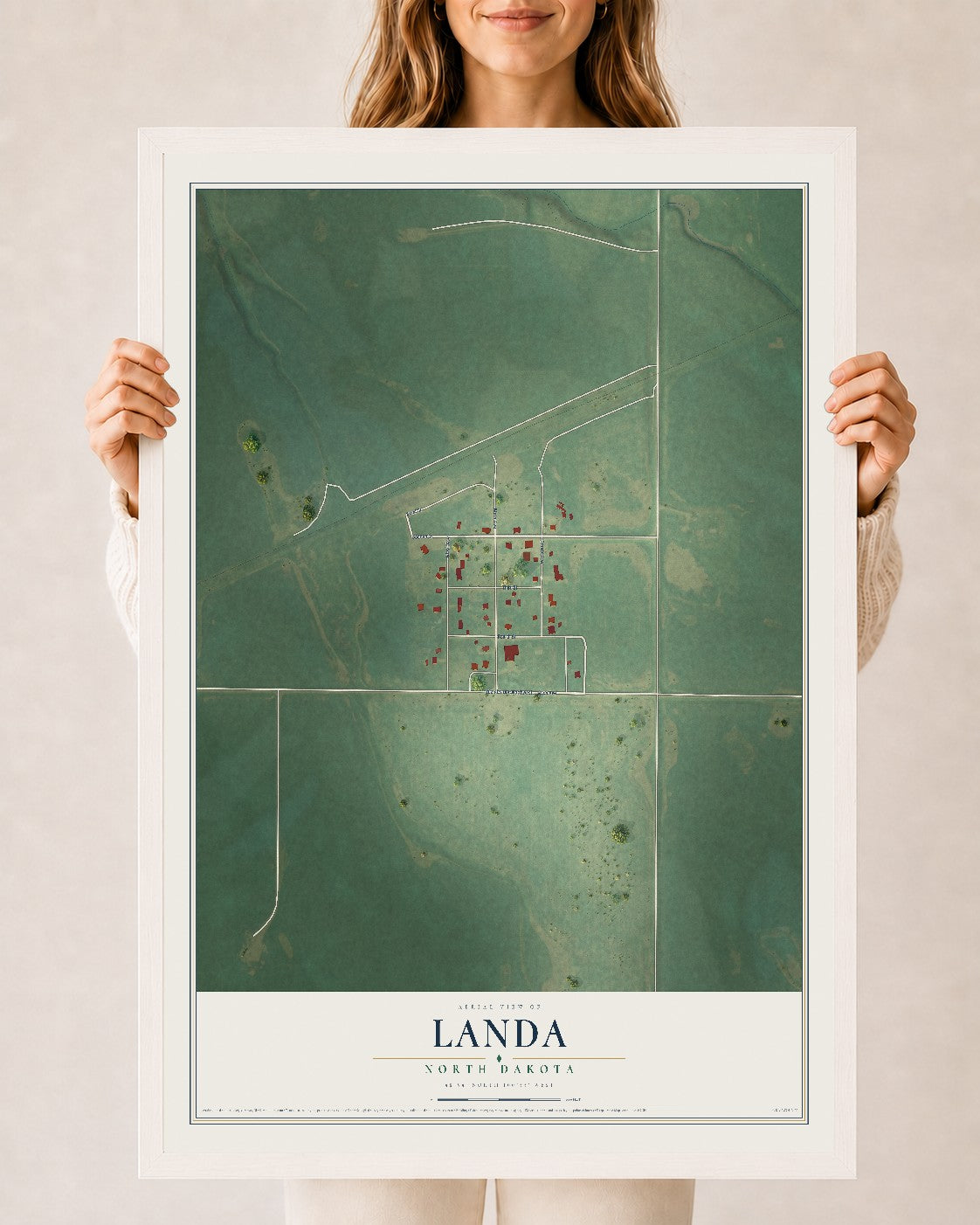 Map of Landa, North Dakota, 24 x 36 inch print in a white wood frame