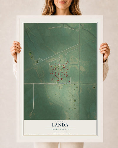 Map of Landa, North Dakota, 24 x 36 inch print in a white wood frame