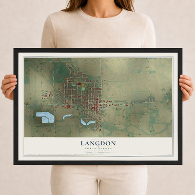 Map of Langdon, North Dakota, 12 x 18 inch print in a black wood frame