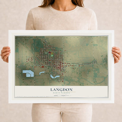 Map of Langdon, North Dakota, 12 x 18 inch print in a white wood frame