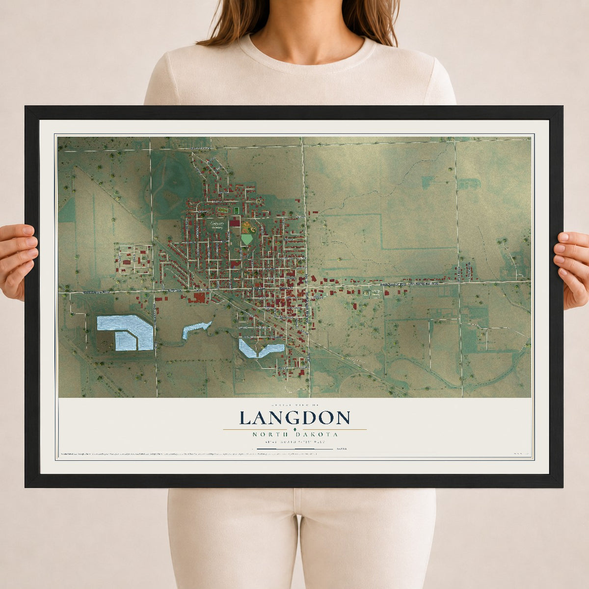 Map of Langdon, North Dakota, 18 x 24 inch print in a black wood frame