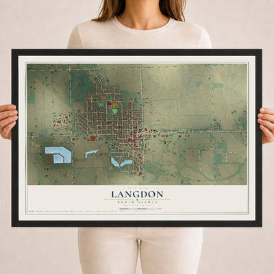 Map of Langdon, North Dakota, 18 x 24 inch print in a black wood frame
