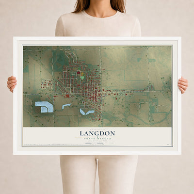 Map of Langdon, North Dakota, 24 x 36 inch print in a white wood frame