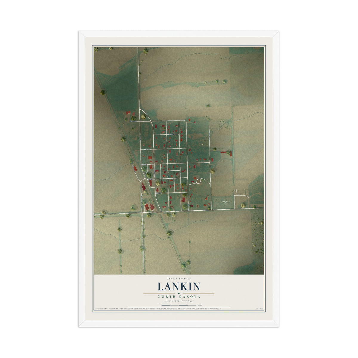 Map of Lankin, North Dakota, 12 x 18 inch print in a white wood frame